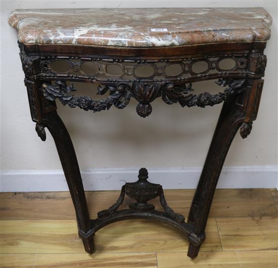 A Louis XVI style carved mahogany marble topped serpentine fronted console table W.79cm
